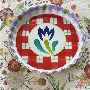 Floral Ceramic Pie Dish with Red and Purple Accents